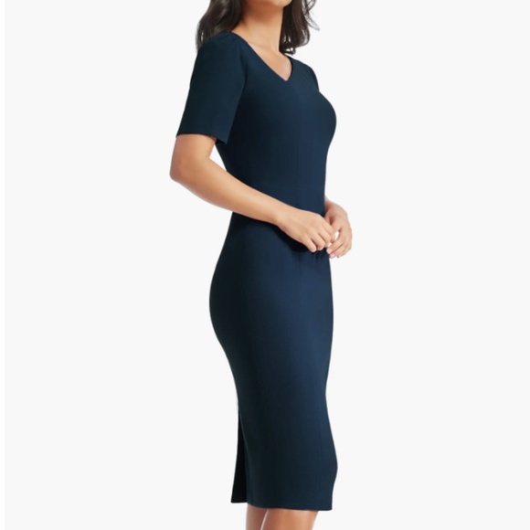 NWT Dress the Population Navy Ruth Asymmetric Neck Midi Dress (Size L) - Picture 2 of 9